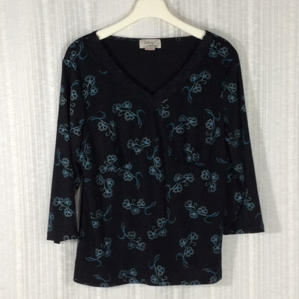 Notations Floral Knit Top - Size Large - Black/Teal 3/4 Sleeve V-Neck